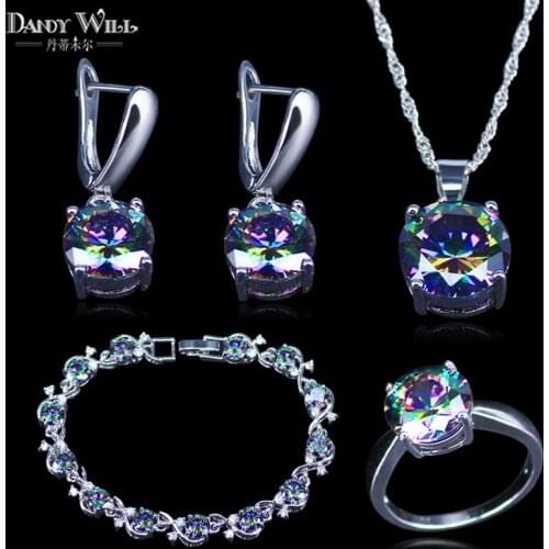 Mystic Rainbow Cubic Zirconia Silver Color Bridal Jewelry Sets For Women Wedding Necklace/Earrings/Pendant/Ring