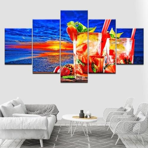 Canvas Painting sunset beach and drink Wall Art Pictures 5 Pieces Modular Wallpapers Poster Framework Print for Home Decor