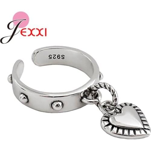 New Punk Trendy Vintage 925 Sterling Silver Heart Charm Pendant Open Adjustable Size Ring for Women Girl Party Jewelry Gift