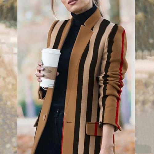 2021 NEW Autumn and Winter Womens New Long-sleeved Lapel Coat Printed Woolen Coat Fashion Striped Plaid Slim Coats Oversized