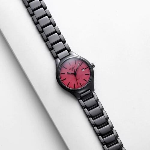 OUPAI 2021 New Arrival Black Ceramic Watch Women Coral Red Limited Design Waterproof Fashion and Elegant Small Wristwatch Lady