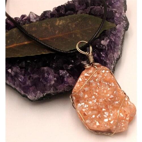 Wholesale 6pc/lot Natural hollow agates crystal teeth irregular colorful pendant clusters hand-made gold copper wire