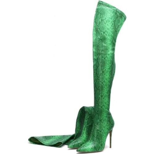 Moraima Snc Fashion Over the Knee Long Boots Pointed Toe Snake Printed Stretch Fabric Thigh High Boots Sexy Long Boots