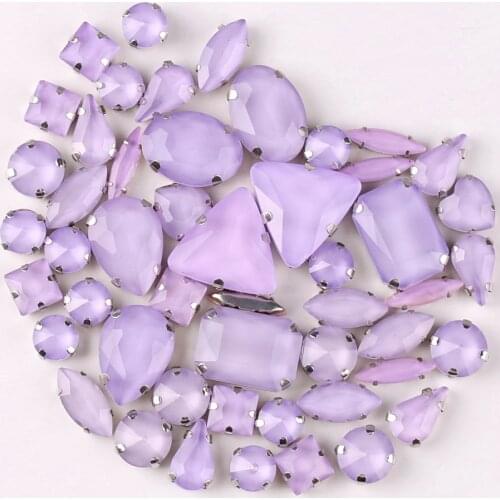 Silver claw settings 50pcs/bag shapes mix jelly candy Violet glass crystal sew on rhinestone for garment shoes bags diy
