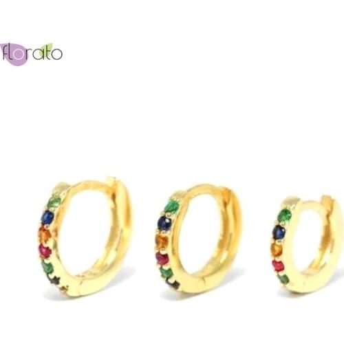 925 Sterling Silver Ear Buckle Round Rainbow Crystal Hoop Earrings Zircon Earrings Fashion Jewelry For Women Birthday Gifts