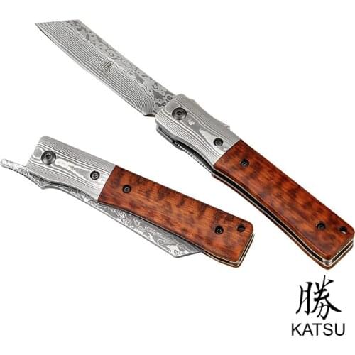 KATSU Folding Knife Handmade Damascus Steel EDC Tool Natural Snakewood Handle Japanese Survival Pocket Knife for Outdoor Camping