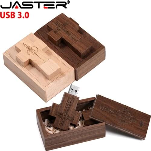 JASTER USB 3.0 free custom LOGO wood cross USB flash drive + box USB flash drive USB memory stick pendrive 8GB 16G 32GB 64GB128G