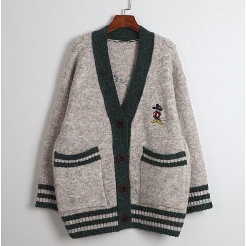 Knit Sweaters Women Cardigan Sweater Top V Neck Long Sleeve Embroidery Gray