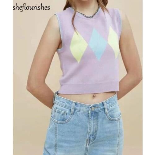 Knit sweater women casual sleeveless pullover preppy style o neck kawaii sweater patchwork argyle sweater summer vest top purple