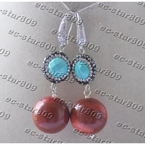 Z11314 18mm Round Red Coral Bead Turquoise CZ Dangle Earring Women Fasion Jewelry