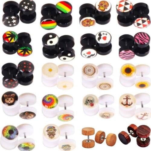 1Pair Steel Skull Cheater Plugs Fake Tunnels Ear Gauges Cat Punk Faux Percing Oreille Acrylic Falso Piercing Oreja Dilataciones