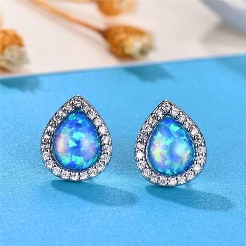 Boho Fashion Female Small Tear Stud Earrings Silver Color Blue White Fire Opal Earrings Vintage Wedding Earrings For Women