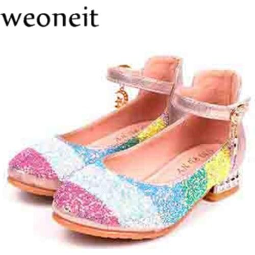 Weoneit Girls Shoes for Party Wedding Low-Heeled Rainbow Crystal Princess Leather Dress Shoes Kids Girls 2021 Dance Shoes