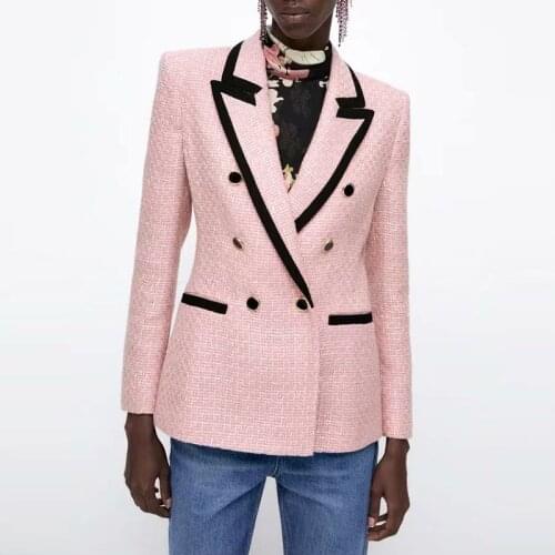 Za Women Fashion Pink Tweed Blazer Coat Long Sleeve Double Breasted Female Office Lady Outerwear Chic Tops XX8342