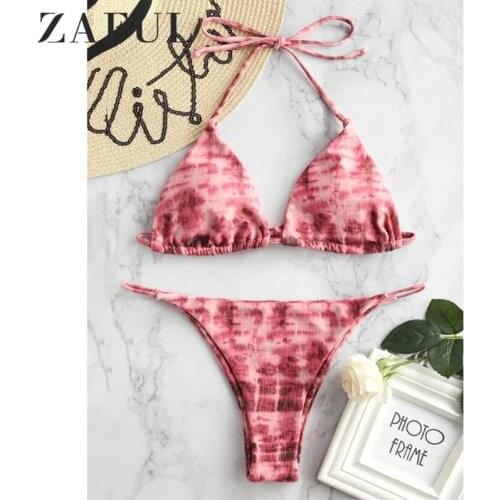 ZAFUL Tie Dye Padded Thong Bikini Set Halter Triangle Bikini High Leg Low Waist Bikini Swimming Suit For Women Biquini Femme