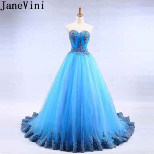 JaneVini Blue Sweetheart Sexy Bridesmaid Dresses Long Lace Appliques Backless Lebanon Formal Gown Tulle Lace-up Party Gowns 2019