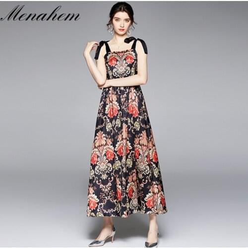 Menahem 2021 Summer Fashion Runway Floral Dress Women Ribbon Bow Spaghetti Strap Flower Print Backless Elegant Party Dresses