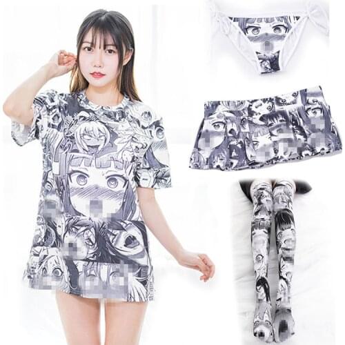 Anime Ahegao Hentai Cosplay Stockings Tshirt Panties Costumes Cartoons Printing Skirt Woman Costume