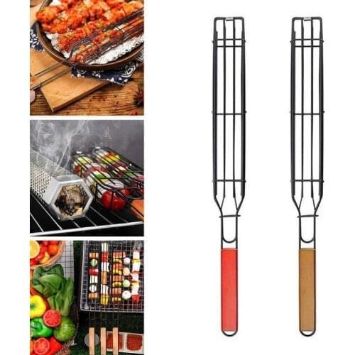 Barbecue Grill 1pc Hot Dog Grill Cage Sausage Grill Clip Barbecue Clip Mesh Wooden Handle Bbq Grill Mesh Barbecue Rack