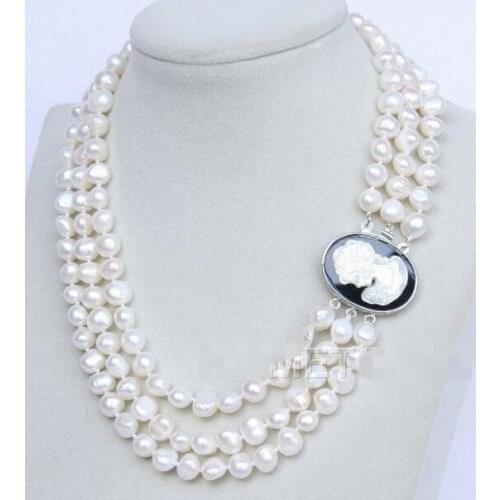 Free Shipping >>16"-18" 3row 9mm white pearls necklace seashell clasp E2733