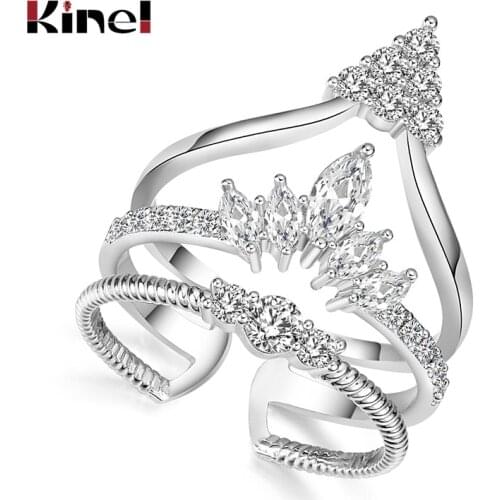 Kinel Shiny Cubic Zirconia Crown Rings For Women White Gold Color Geometric Opening Crystals Wedding Rings Female Anel Jewelry