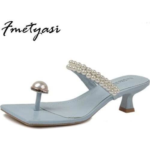 High Heels Shoes Woman Medium Heel Summer New Slip-on Wear-resistant PU Pearl Square Toe Stiletto Sandals Flip Flops Sewing