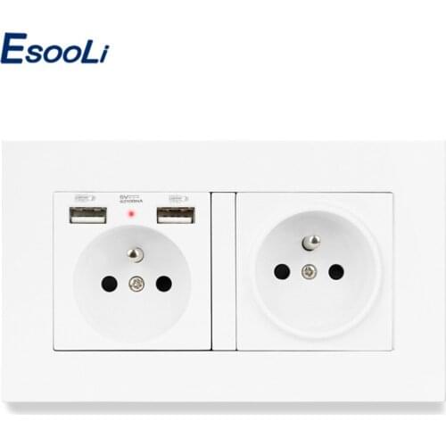 ESOOLI PC Plastic French Standard 2 Gang Socket with 2 USB Charge Port for Mobile Phone 2 Wall Socket USB wall plug