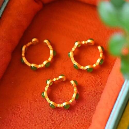 "Good Luck Comes Ring" Ancient Gold Craft Sterling Silver Russian Green Jasper Ring Switchable Index Finger Ring Female Simple