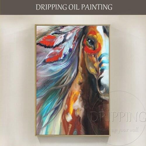 Wall Art Hand-painted Modern Colorful Animal Horse Oil Painting Vivid Colors Abstract Animal Indian Horse Head Oil Painting