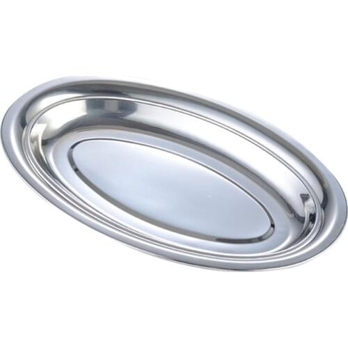 Non Magnetic Stainless Steel Plate Deepen Oval Plate Steamed Vermicelli Ordinary Shallow Dish 28cm Fish Dish (Silver)