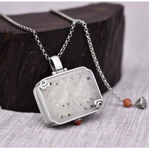 Independent design sachet jade box necklace retro temperament fashion simple jewelry Hetian jade inlaid silver pendant