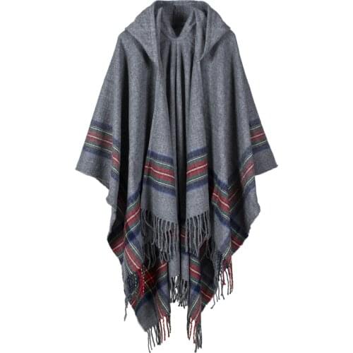 New fashion women winter shawl and wraps thick warm blanket scarf oversize hooded black ponchos and capes striped tassel echarpe