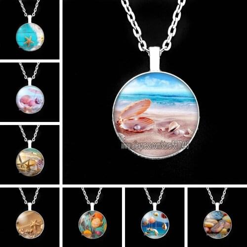 Shiny Beach Filling with Shell and Starfish Girl Necklace Starfish Chain Necklace Summer Glass Cabochon Necklace for Women