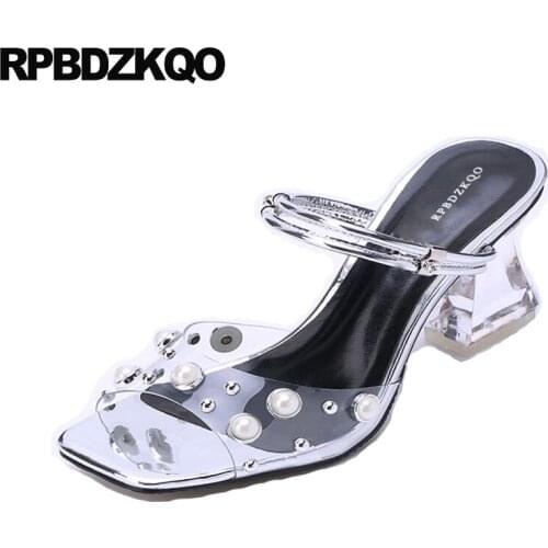 Perspex Glass Slipper Pvc Slides Slingback Pearl Shoes High Heels Women Chunky Transparent Sandals Peep Toe Stud Square Pumps