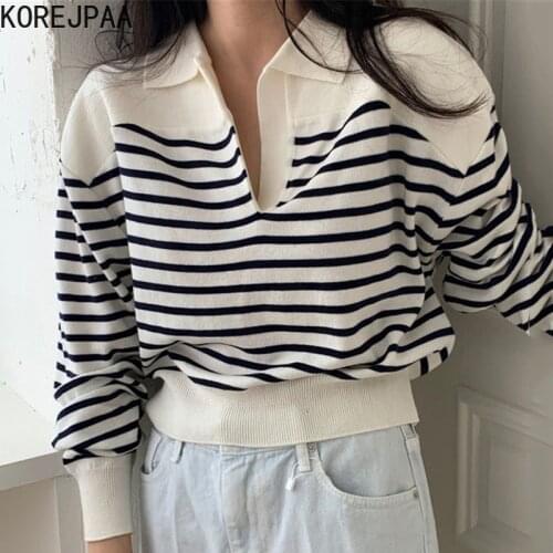 Korejpaa Hit Color Striped Pullover Women Korea Autumn New Fashion Ladies Casual Turn-down Collar Long Sleeve Knit Sweater Top