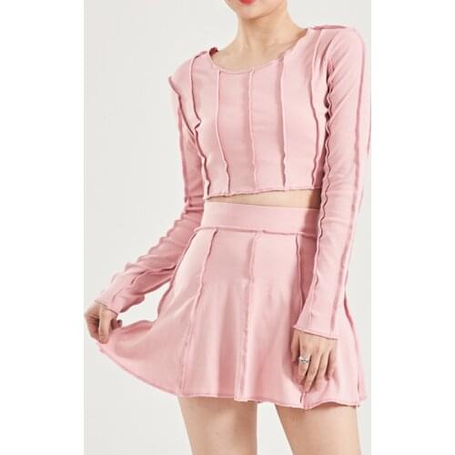 Pink Women Exposed Stitch Long Sleeve Crop Top & Exposed Stitch A Line Mini Skirt Skort Seam Detail Co-ord Set Two Pieces SZST