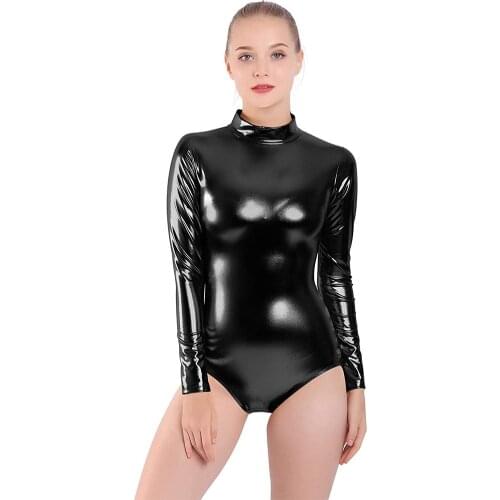 Speerise Women Ballet Dance Leotards Shiny Metallic Long Sleeve Gymnastics Leotard Black Bodysuits Skinny Stage Stage Costumes