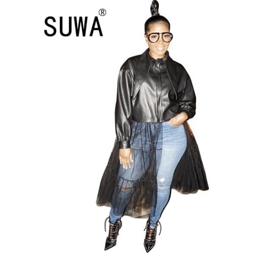 Jacket leather Womens jacket autumn winter spring clothes see through mesh patchwork cool girl coat streetwear