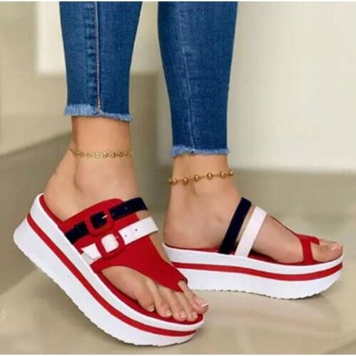Women Summer Plus Size Slippers Flip Flops Wedges Pu Ladies Shallow Patchwork Shoes Casual Thick Bottom Belt Buckle Slippers