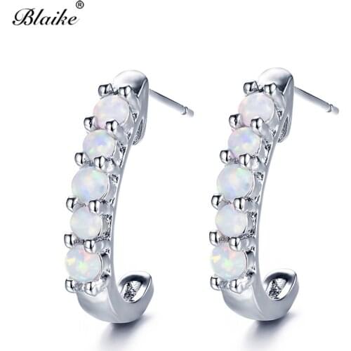 Blaike 925 Sterling Silver Half Circle Stud Earrings For Women Mystic Birthstone Blue White Fire Opal Earrings Female Wedding