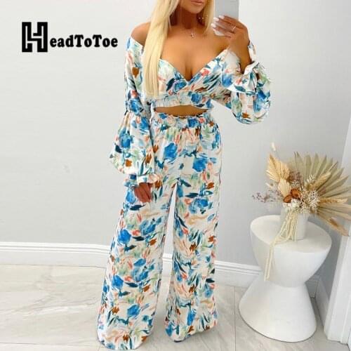 Floral Print Ruffles Bandeau Navel Casual Fashion 2 Piece Set Women Long Lantern Sleeve V Neck Wide Leg Two Piece Set Women