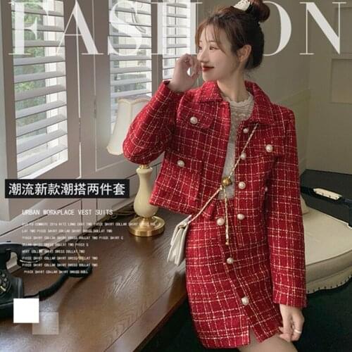 Women Autumn Winter Tweed Plaid Two Piece Skirt Suits Sets Fashion Single Breasted Short Jacket Coat And Mini A-Line Skirt Sets