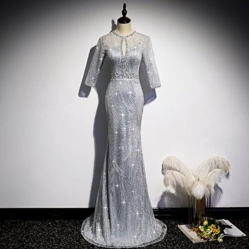 Sexy Silver Long Mermaid Banquet Evening Dress Atmosphere Evening Dress Womens Self-cultivation Annual Meeting Host Prom A044