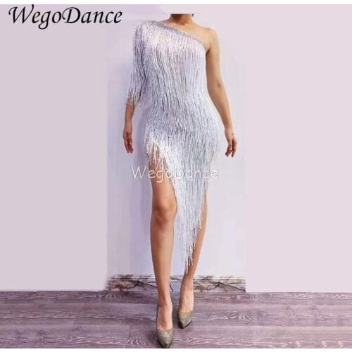 Sparkly White Fringes Latin Dress One Sleeve Women Birthday Celebrate Dress Stage Costume Dance