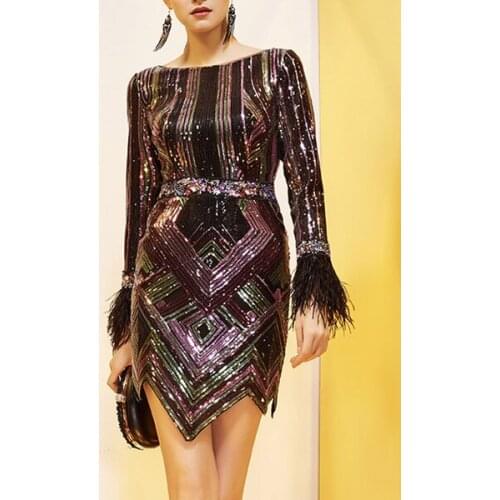 Short Prom Dress Sequined Bateau Neck Long Sleeves Sheath Sash Party Dresses For Women