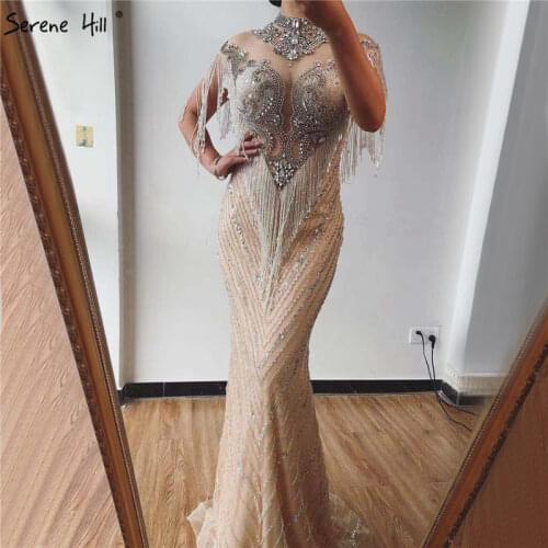 Sexy Sheer High Neck Beaded Tassels Mermaid Evening Dresses 2020 Dubai Formal Gowns Serene Hill Robe De Soiree BLA60811