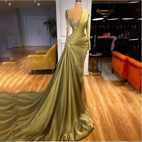 Green Mermaid Evening Dresess with Long Train Sequins Bead Women Prom Gowns Satin Long Sleeve Formal Party Vestidos De Fiesta