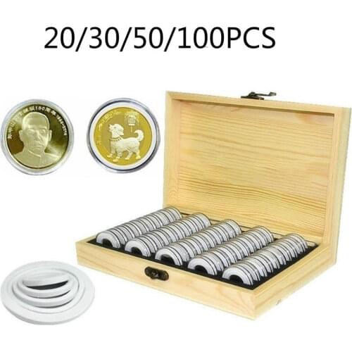 20/30/50/100pcs Pine Wood Coin Holder Wooden Coins Storage Box for Collectible Commemorative Coin with Capsules Accommodate