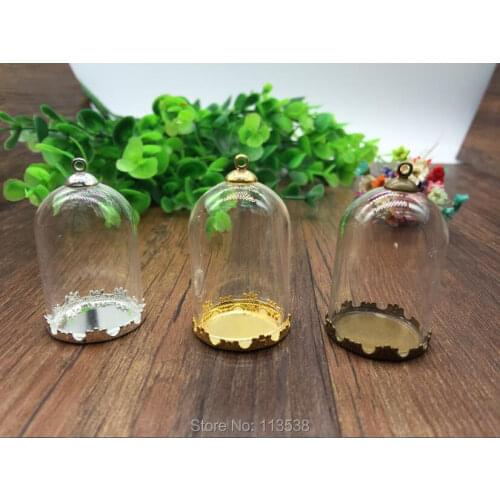 20sets/lot bell jar shape 38*25mm glass globe 25mm bronze crown base 8mm cap set glass bottle necklace pendant glass vials