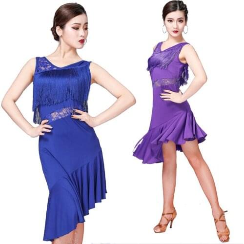 *2019 Women Sexy Tassel Pullover Solid color Lace Vest V-Neck Sleeveless Fringed Latin Dance Dress Performance Exercise Clothes